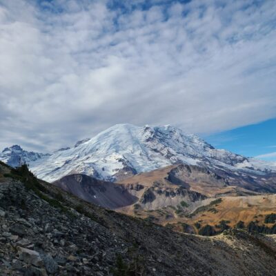 Photo of volcano with glaciers and landslides visible