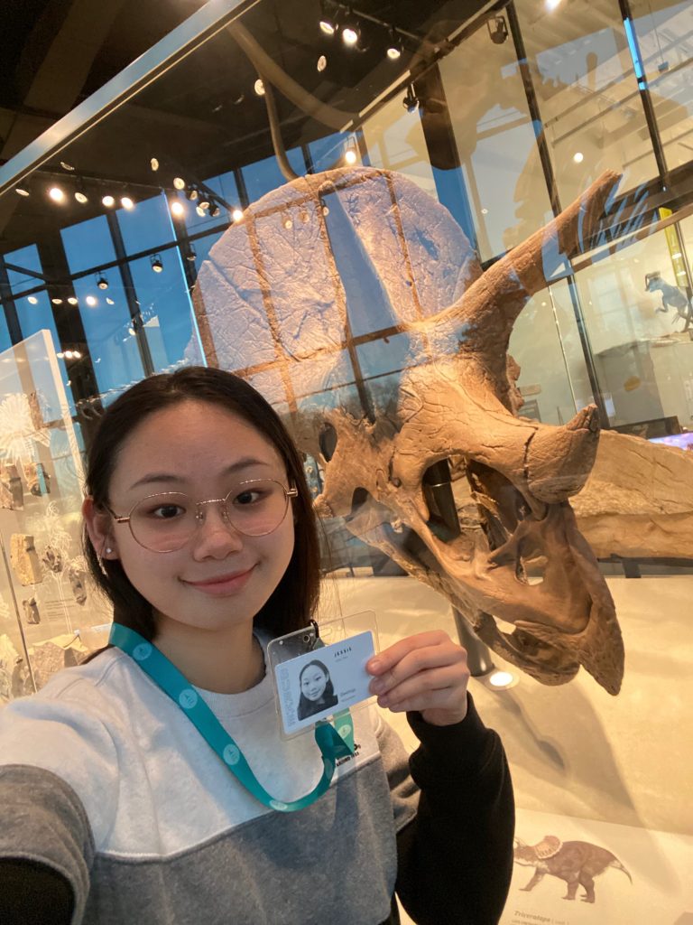 Tin Yan So standing in front of a triceratops fossil skeleton.