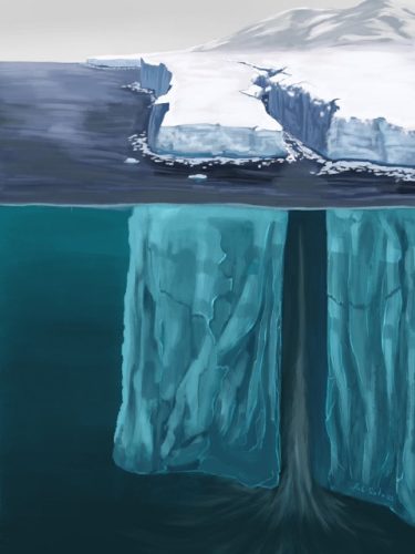 Illustration of opening in ice shelf with ice breaking away.