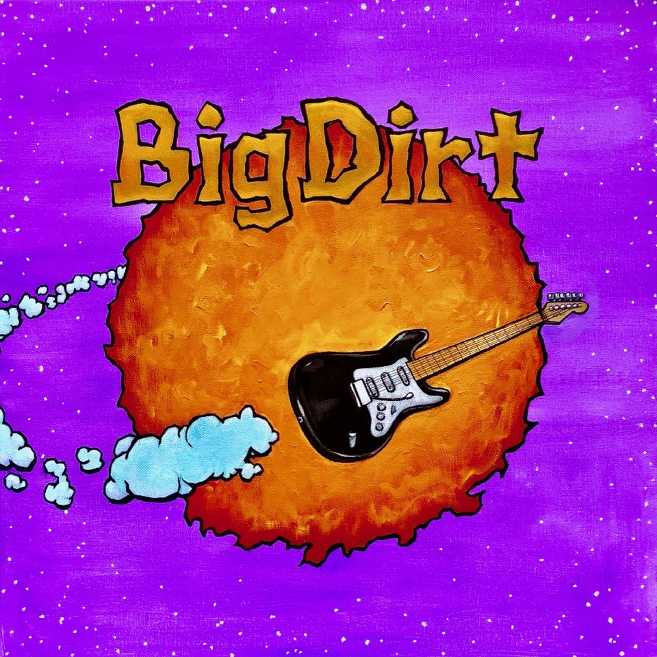 Image of a guitar flying around an orange orb with the text "Big Dirt".