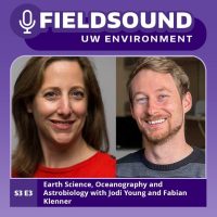 Cover of College of the Environment FieldSound podcast, with headshots of Jodi Young and Fabian Klenner.