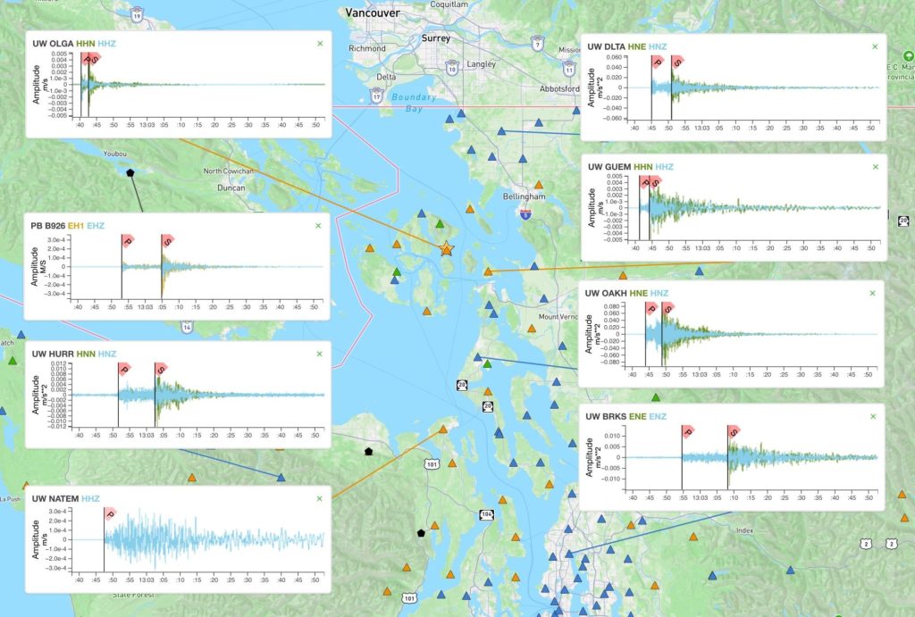 A map of the Puget Sound showing the location of the magnitude 4.5 earthquake and the seismometer locations that measured it.