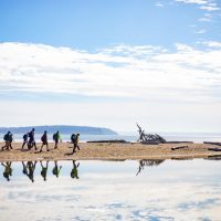 Line of students walking along the beach with water in foreground and background on a sunny day.