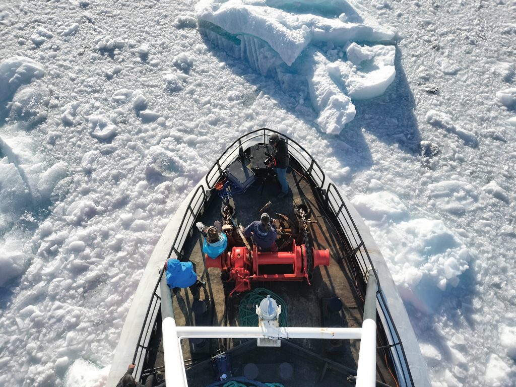 The bow of the field crew’s research vessel Adolf Jensen cutting through the ice of the fjord.