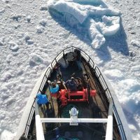 The bow of the field crew’s research vessel Adolf Jensen cutting through the ice of the fjord.