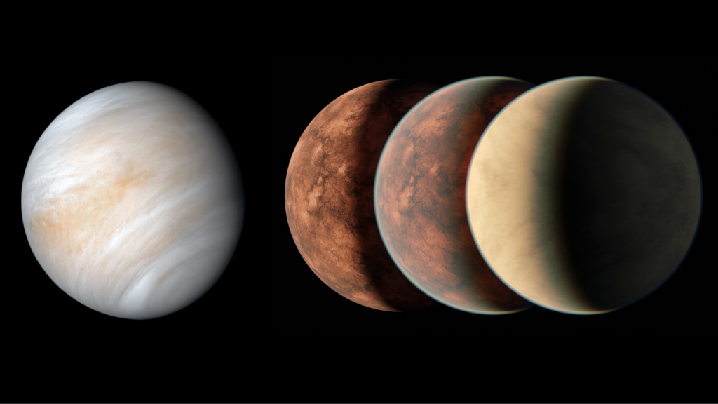An image of the planet Venus beside three similar sized planets representing different possible atmospheres.
