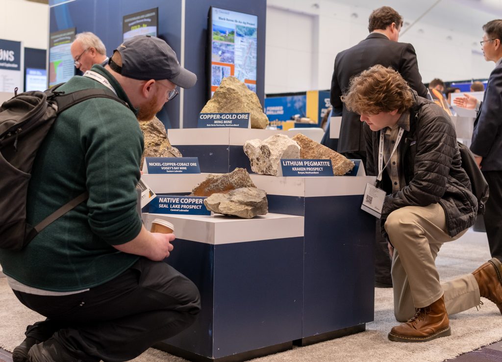 Two students looking at rock specimens at a conference.